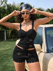 SHEIN ICON 女士可调节腰部带扣镂空后背牛仔连体衣 - 藍色 - 查看 5