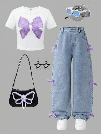 SHEIN Sparklyn Tween Girls Casual Bow T-Shirt And Denim Jeans 2pcs Set, Daily And Commuting Wear