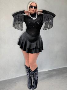 SHEIN SXY Plus Size Women Spring/Summer Sexy See-Through Mesh Splicing Silver Thread Tassel Long Sleeve Bodysuit, Suitable For Everyday Wear, Ibiza,Nashville,Rave,Modest,Western Wear,Cruise Attire,Music Festival,Concert,Carnival Party,Beach Vacation,Date Night,Birthday,Bachelorette Party Outfit,Club,Cute,Casual,Shopping, Streetwear,Going Out,Easy To Match&Looks Slim,Accent Your Body,Flatter The Figure - Silver - View 8