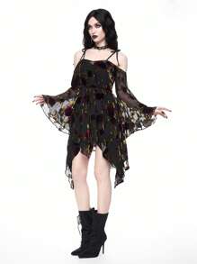 ROMWE Goth Vestido corto con mangas acampanadas, bajo asimétrico y transparente con estampado floral, estilo gótico para novia, primavera