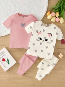 SHEIN Set de 2 piezas de camiseta de manga corta y leggings casual minimalista para bebé niña con estampado de corazón y gato, un conjunto de ropa interior cómoda