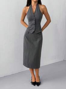 SHEIN EZwear 女士休闲办公装纯色前扣锁眼吊带上衣和裙子 2 件套 - 灰色 - 查看 3