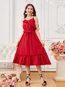 Vestido elegante con volantes y tirantes elegante color rojo, adecuado para fiestas en primavera y verano para adolescentes - Blanco - Ver 5
