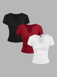SHEIN EZwear 3pcs/Set Summer Casual Solid Color Notched Neck Ruched T-Shirts - Burgundy - View 1