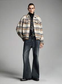 NEON BLANC Men's Retro Street Washed Distressed Flared Leg Long Jeans - Black - View 4