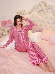 Women Striped Contrast Color Pajama Shorts, Simple Fashion Suitable For Summer Set - Multicolor - View 7