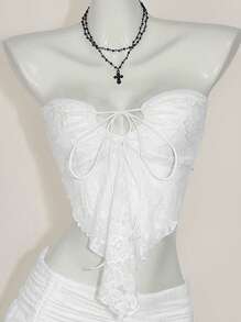 SHEIN ICON 蕾丝拼布短款吊带上衣（带抽绳） - 白色 - 查看 5