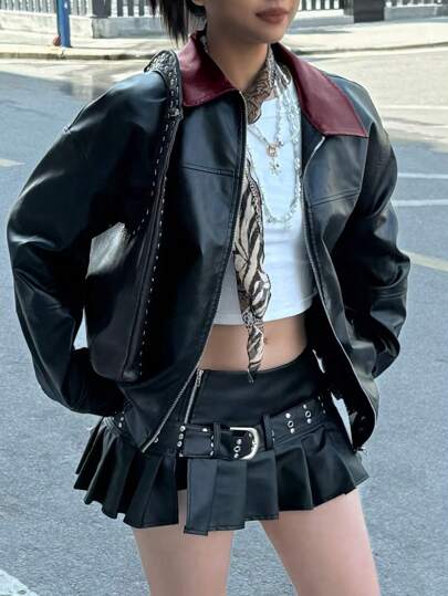 INAWLY Chaqueta de motorista de color negro con bloques de color y cuello, estilo motero, manga larga, para otoño/invierno