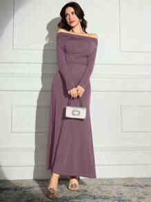 Modelyn Elegant Dusty Pink Off-The-Shoulder Arabian Dress: Long Sleeve, Knitted Fabric Maxi Dress With Zipper Detail For Special Occasions - Dusty Pink - View 3