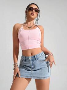 SHEIN EZwear 女士休闲洗水牛仔裙，夏季 - 淺色水洗藍 - 查看 3