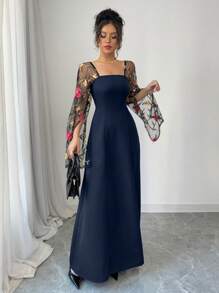 Elenzga Abito lungo attilliato da donna con vita aderente, patchwork in rete e ricamo a rose senza spalline