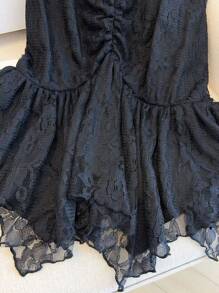 SHEIN Frenchy Plus Size Women's Elegant Asymmetrical Lace Black Tank Top, Summer - Black - View 8