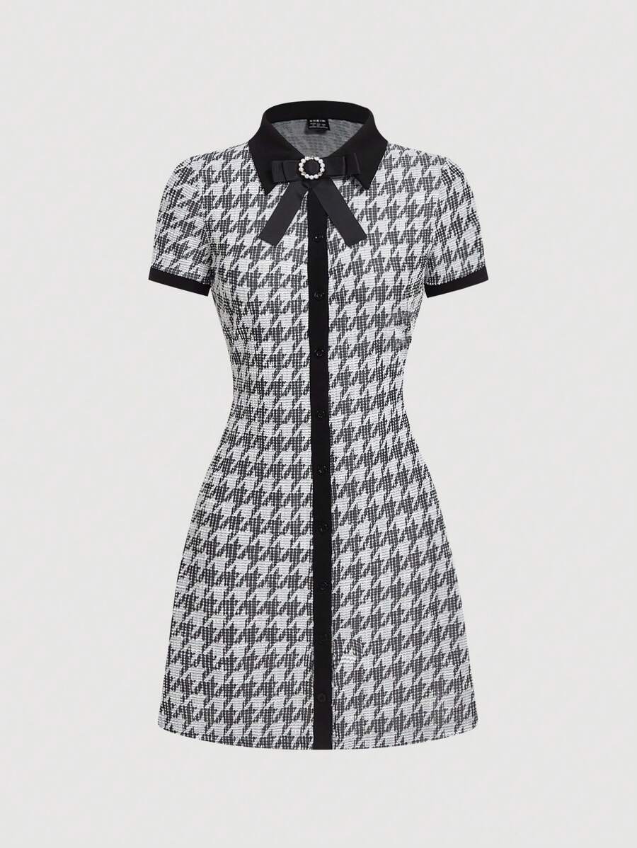 SHEIN MOD Houndstooth Mini Dress, Office Wear For Working Women,Business Women Attire - Black and White - View 1