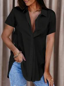 SHEIN LUNE Casual Versatile Solid Color Short Sleeve Shirt - Black - View 1