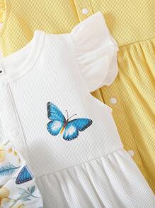 SHEIN 3pcs/Set Baby Girls' Casual Cute Butterfly Print Cap Sleeve Loose Elastic Comfortable Romper & Headband - Multicolor - View 6