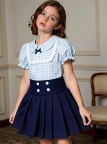 SHEIN Young Girl Cute Summer Set, Plaid Ruffle Collar Puff Sleeve Top & Pleated Skirt, Sweet And Fashionable School Style - Blue - View 3