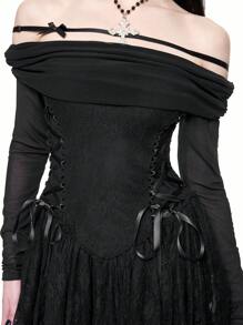 ROMWE Goth Off Shoulder Sexy Contrast Kant Zijkant Vetersluiting Super Korte Jurk