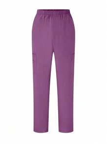 SHEIN TaskFit 制服套装，纯色短袖 V 领上衣和裤子手术服套装 - 中紫紅色 - 查看 8