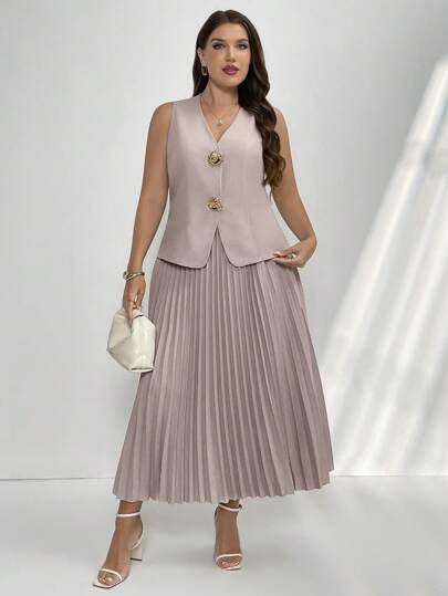 Firerie 2 件套：大码女式正式玫瑰金纽扣装饰背心/马甲和百褶裙，商务休闲装，春夏/情人节/音乐会/表演服装/约会/高级宴会/舞会/婚礼季/性感/优雅/通勤/返校季/度假/海滩/优雅浪漫/办公室女巫/警笛风格/生日派对服装毕业、返校、秋冬女士教师服装