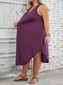 SHEIN CURVE+ Plus Size Women's Solid Color Curved Hem Vest Dress Purple - Purple - View 8