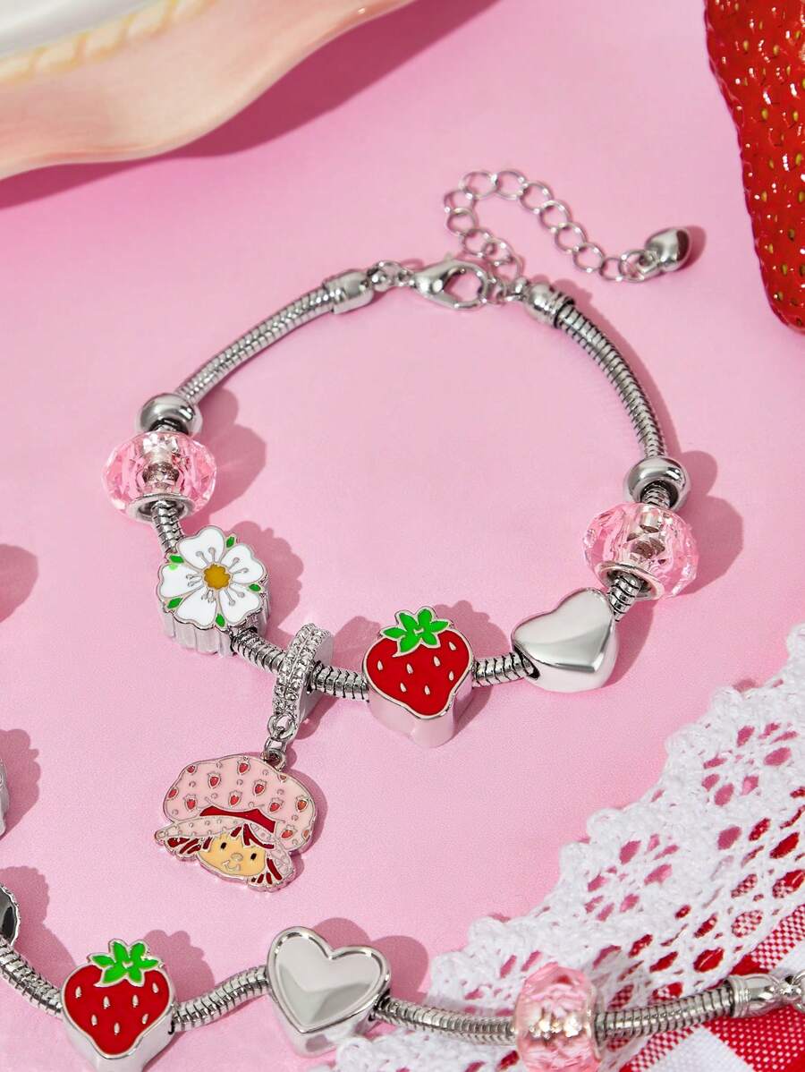Strawberry Shortcake X SHEIN Silver Alloy Pendant Bracelet With Flower, Heart, Cute Designs, Suitable For Daily Wear,Gift Ideas,Valentine's Day, Summer / Spring ,Beach, Vacation - Multicolor - View 1