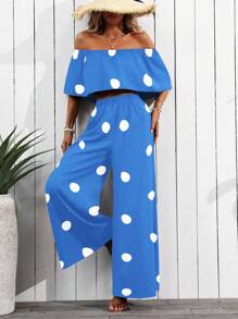 SHEIN Clasi 2pcs/Set Off-The-Shoulder Polka Dot Print Crop Top & Long Pants, Random Floral Pattern - Blue - View 6
