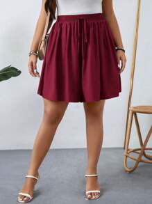 SHEIN LUNE Shorts casual larghi a vita alta con lacci in colore unito per taglie comode - Bordò - Visualizzare 3