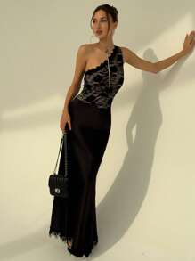 Aloruh Lace & Mesh Patchwork Satin Asymmetrical Neck Elegant Dress - Black - View 5