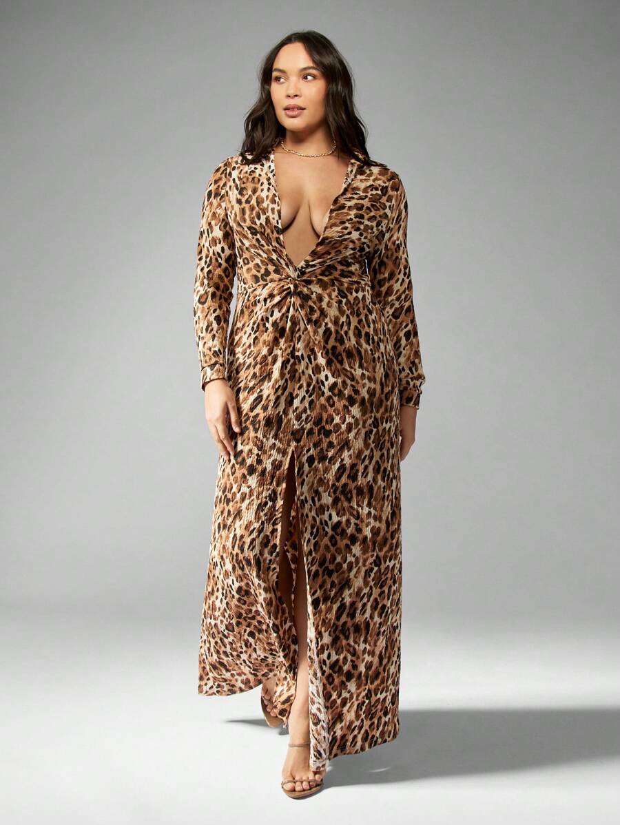 MISSGUIDED Plus Size Leopard Print Long Sleeve Twist Front Plunge Neckline Maxi Dress Fall Winter Party Evening Wedding Guest Occasion Wear,2XL