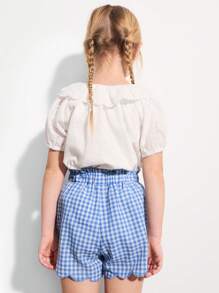 SHEIN 少女格纹蓝白雏菊刺绣短裤 - 彩色 - 查看 2