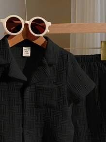 男婴休闲韩版纯色提花翻领短袖上衣和裤子 2 件套，适合居家、户外、度假穿着、夏季 - 黑色 - 查看 3