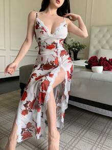 Women Floral Printing Double Slit Sexy Contrast Lace Camisole Nightgown - White - View 5