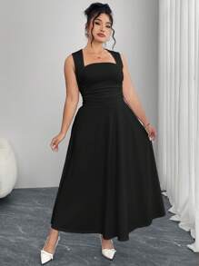 Modelyn Vestido largo de talla grande para mujer con dobladillo plisado lateral, unicolor
