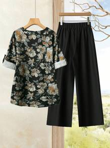 Rusticease 2 件套女士假日休闲花卉印花衬衫和裤子，夏季套装女士假日撞色优雅休闲宽松上衣阔腿裤套装抹胸和裤子套装女士夏装女士两件套假日连衣裙女士假日两件套波西米亚风格女装 - 黑色 - 查看 2