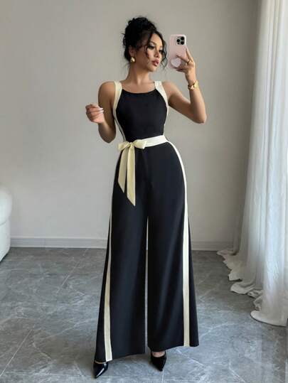 Rafferiza Spring Women's Sleek Sexy Elegant Black & White Spliced Jumpsuit