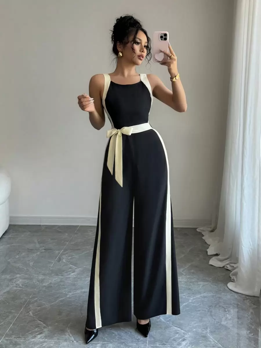 Rafferiza 春季女式时尚性感优雅黑白拼接连体裤 - 黑色 - 查看 1