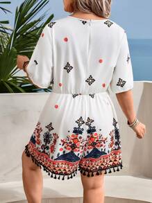 SHEIN Clasi Plus Size Women Print Patchwork Fringe Romper - Apricot - View 2