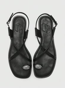 CUCCOO BIZCHIC Women's Fashion Black Ring Metal Decor Strap Simple Comfortable Flat Sandals For Commuting, Dating, Party, Walking, School