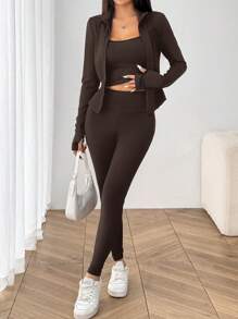SHEIN EZwear 3 بيس طقم رياضي مُحبك للنساء بالبني