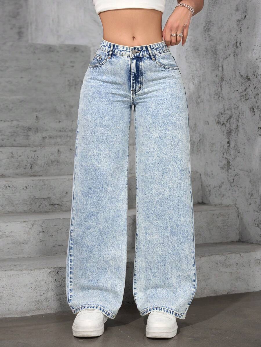 SHEIN ICON 女式宽松口袋阔腿休闲牛仔裤 - 淺色水洗藍 - 查看 1
