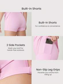 GLOWMODE Abito da allenamento FeatherFit™ Air Match Point con scollo quadrato e schiena a racer, fessura frontale e coulisse piatta, pantaloncini incorporati, tasche laterali, grip antiscivolo, adatto per tennis, golf, pickleball e uso quotidiano a basso impatto - Rosa Bubblegum - Visualizzare 5