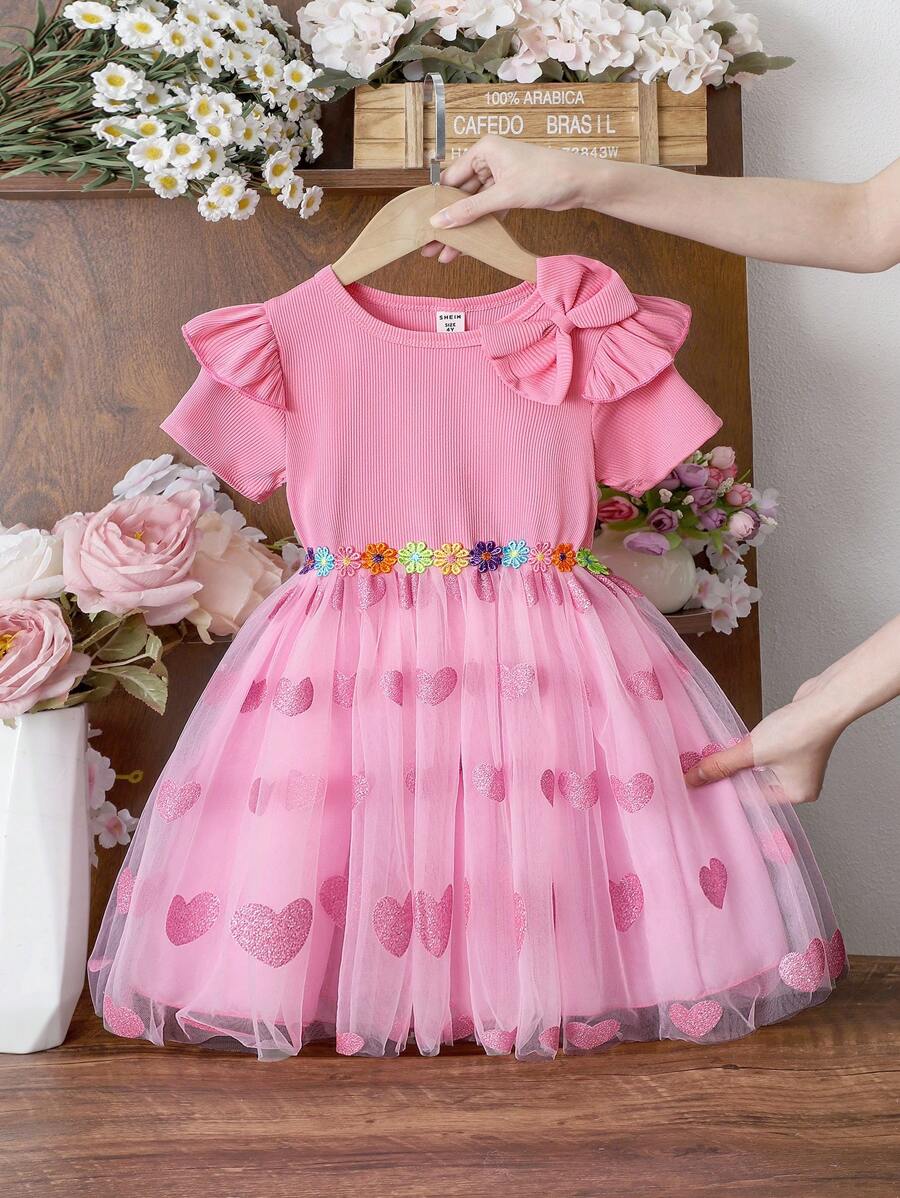SHEIN Young Girl Pink Knit Patchwork Tulle Dress, Cap Sleeves, Candy Color Floral Waist Embellished, Pink Sparkle, Heart Mesh Sweet Princess Dress - Pink - View 1
