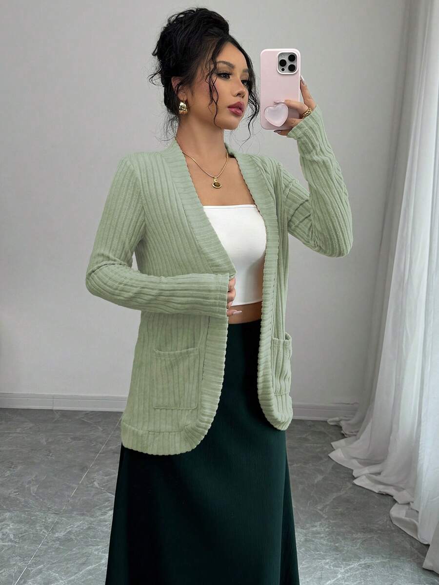 Chiquease Women's Casual Ribbed Velour Front Opening Side Pockets Shorts Jacket - Mint Green - View 1