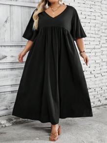 SHEIN CURVE+ 大码女式休闲黑色纯棉面料 V 领短袖娃娃教师连衣裙波西米亚风度假