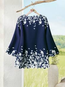 Rusticease Women's Floral Print V-Neck 3/4 Sleeve Loose Blouse,Long Sleeve Tops - Blue - View 2