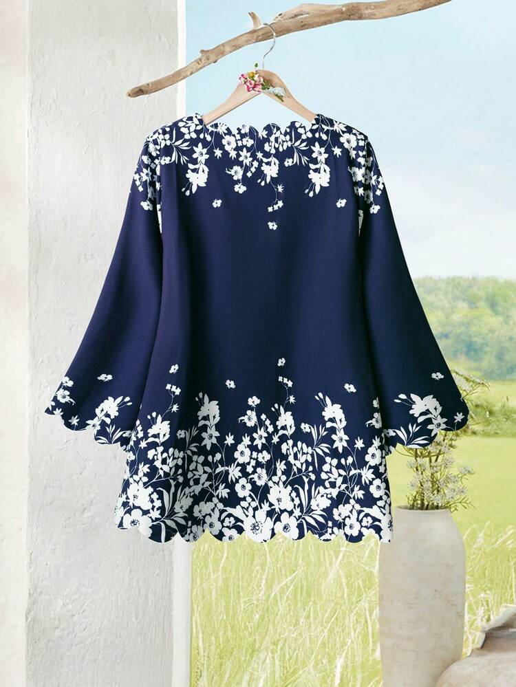 Women's Floral Print V-Neck 3/4 Sleeve Loose Blouse,Long Sleeve Tops