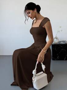 Firerie Đầm maxi tay ngắn, cổ vuông, thắt nơ thanh lịch, thích hợp cho các buổi hẹn hò, mùa xuân/hè, đầm hè cho nữ. - Màu nâu Sô-cô-la - Xem 5