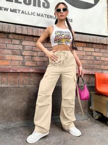 SHEIN Unity 7/9 Length Pants, Solid Color Drawstring, Simple & Fashion, Suitable For Summer Fall Cloth For Women - Khaki - View 4