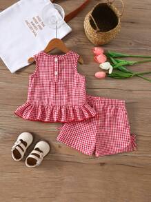 SHEIN Vintaside Kids 2 pezzi set di abbigliamento casual per bambina, composto da canottiera e pantaloncini a quadri, adatto per uscite all'aperto