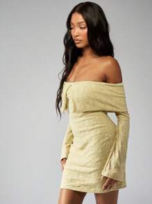 MISSGUIDED Off Shoulder Bardot Mini Dress Lace Textured Elegant Ruched Long Bell Sleeve Party Evening Special Occasion Spring Summer - Yellow - View 1